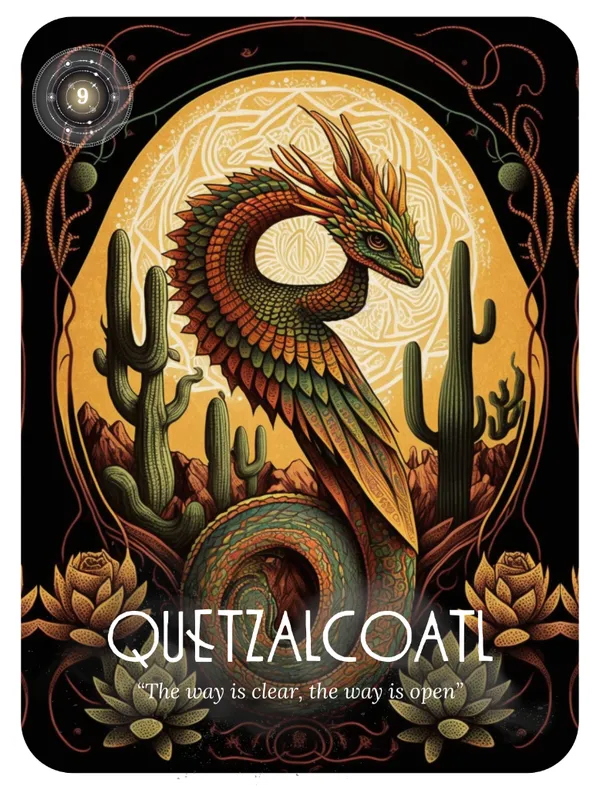 Quetzalcoatl oracle card from Spirit Medicine deck featuring feathered serpent animal spirit