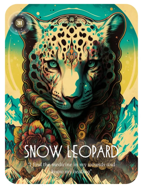 Snow Leopard oracle card with meditation guidance for inner strength and intuition