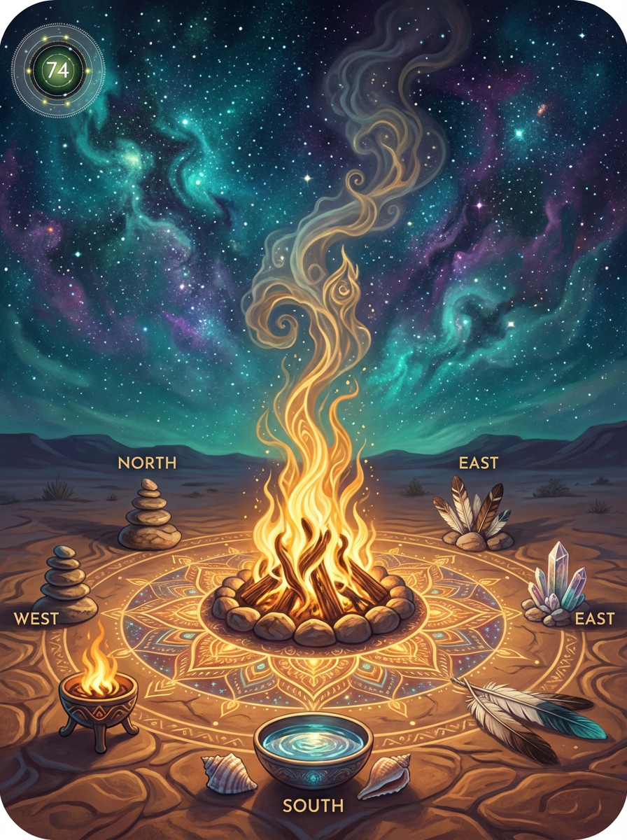 Sacred ceremonial fire circle with flames rising into starry night sky