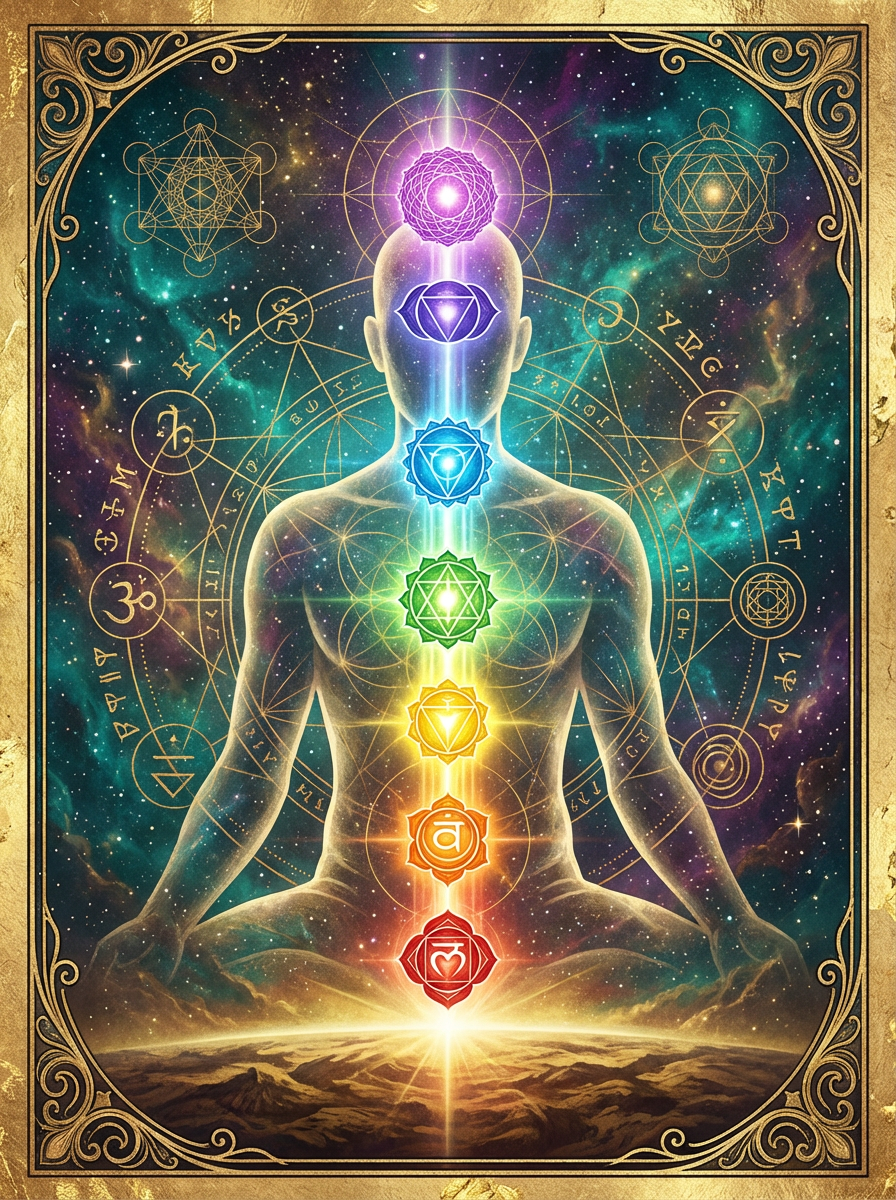 Chakra energy visualization showing seven glowing energy centers from earth to sky