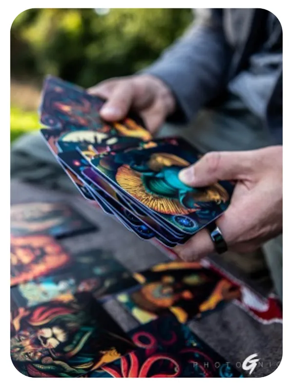 Nathan Simmonds hands holding Spirit Medicine Oracle Deck cards