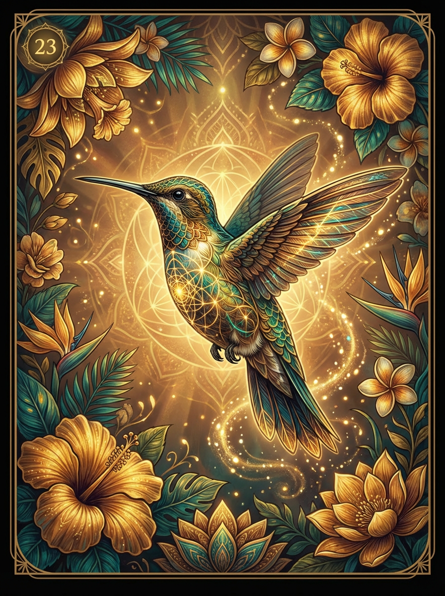 Hummingbird spirit card with iridescent feathers surrounded by tropical flowers