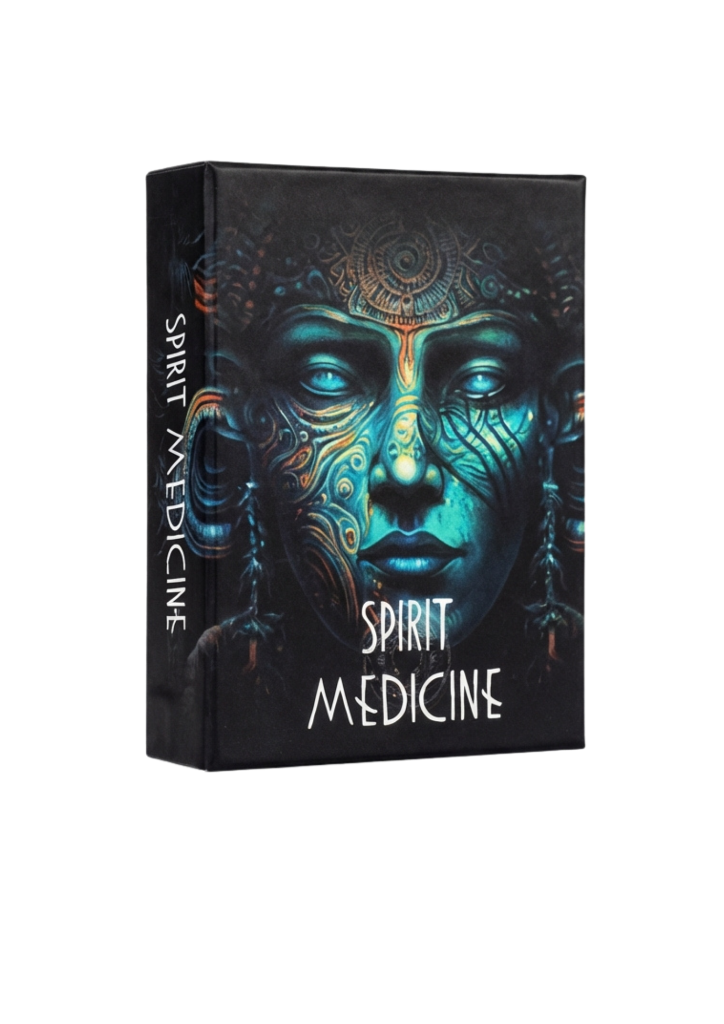 Spirit Medicine Oracle Deck box featuring mystical face artwork in teal and gold tones