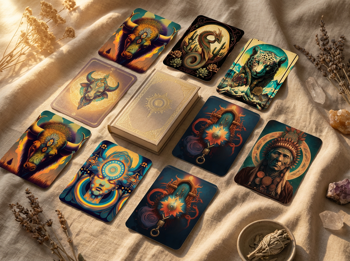 Premium product layout showing oracle deck cards arranged artistically on natural fabric