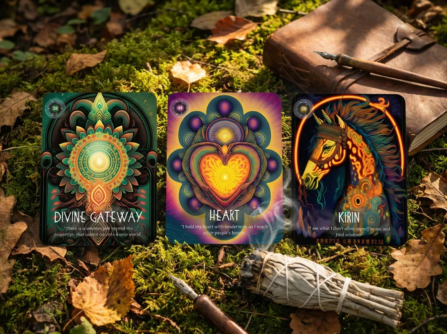 Spirit Medicine Oracle cards spread on forest floor with moss, journal, pen, and white sage smudge