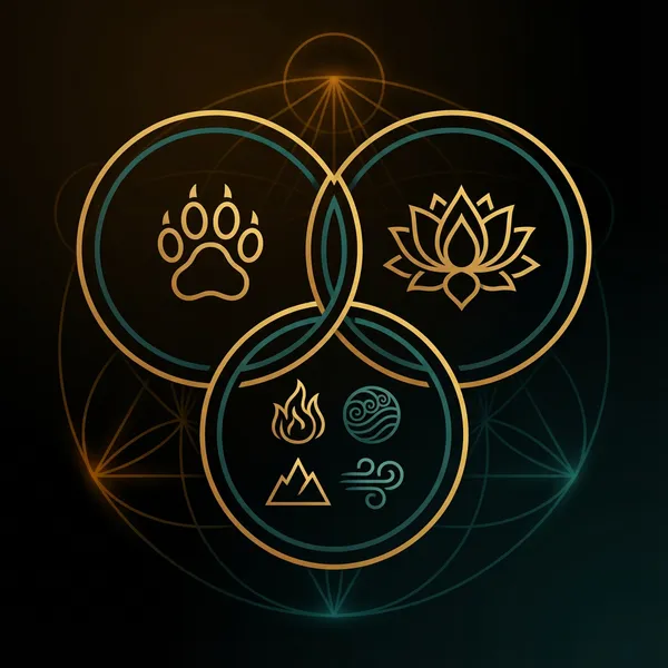 three converging domains: Animal Spirits, Chakras, and Ceremonial activations forming the Spirit Medicine system