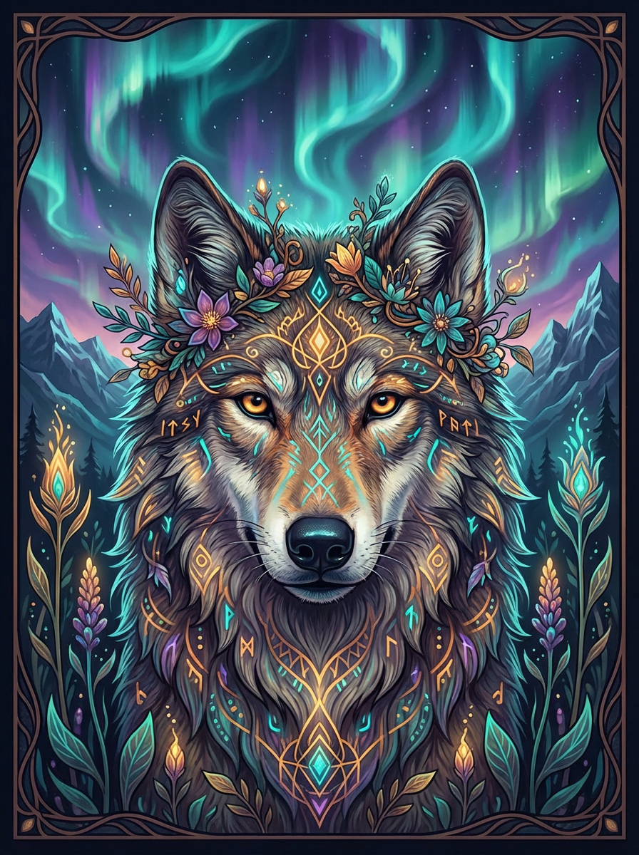 Wolf spirit card surrounded by mountain landscape and northern lights in purple and teal